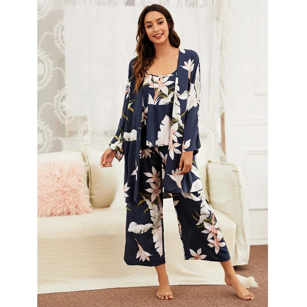 3 Piece Navy Color Floral Print Pajama Set - Picture 6 of 10